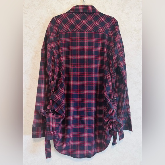 Simisue Women's Red Blue Plaid Button Up Laced Ties at Sides Medium Runs Larger - Picture 2 of 16